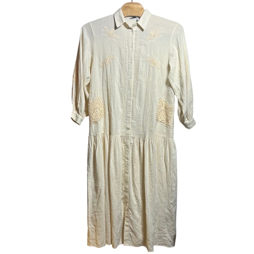 ASOS DESIGN Cream Embroidered Linen Blend Midi Shirt Dress Lace Pocket Womens 12